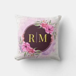 Wreath Floral Initial Letter Monogram Name Marble Throw Pillow