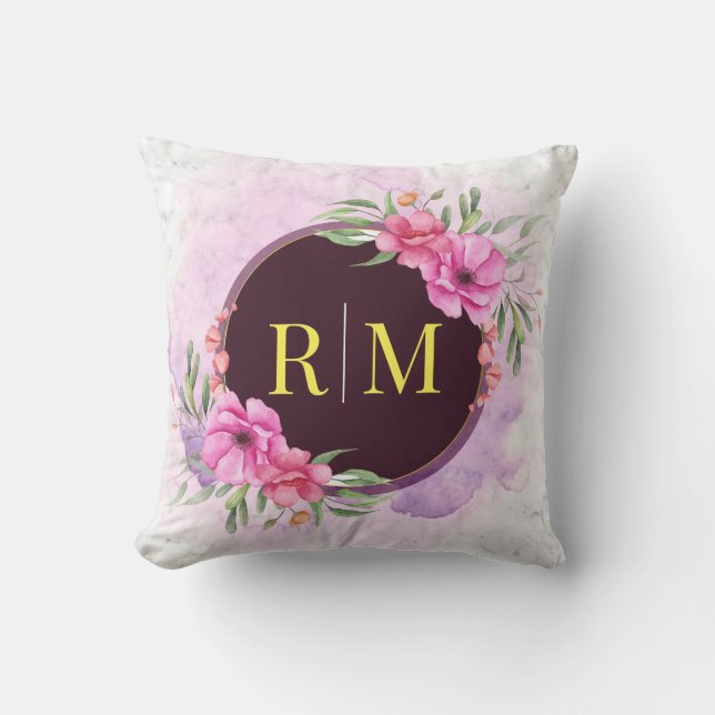 Wreath Floral Initial Letter Monogram Name Marble Throw Pillow (Front)
