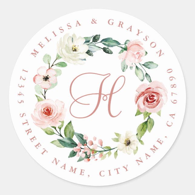Wreath Flowers Personalized Initial Round Stickers (Front)