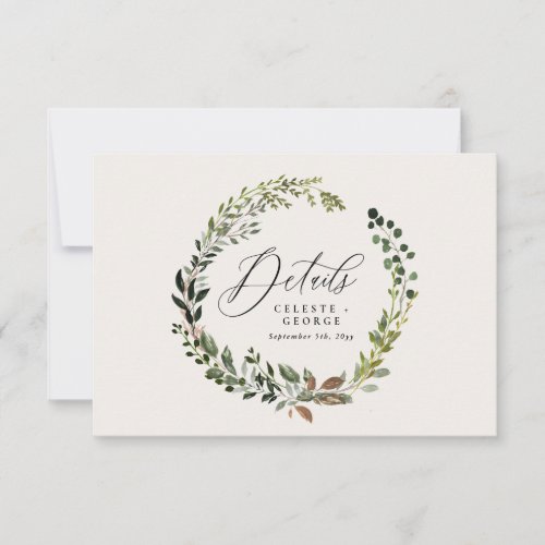 Wreath foliage botanical barn wedding details note card