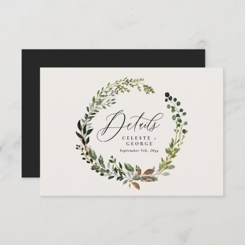 Wreath foliage botanical barn wedding details note card