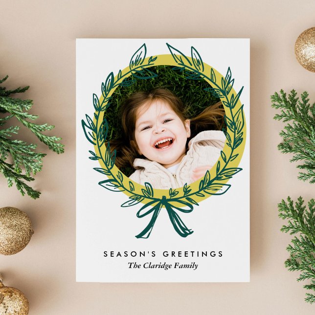 Wreath Frame Holiday Photo Card (Beautiful chartreuse and green hand-drawn wreath frame holiday photo card)