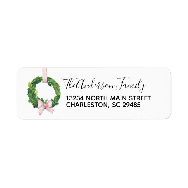Wreath Gingham Bow Holiday Christmas Address Label (Front)