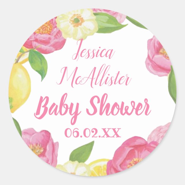 Wreath Girl  Pink Roses Yellow Lemon Baby Shower  Classic Round Sticker (Front)