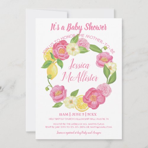 Wreath Girl  Pink Roses Yellow Lemon Baby Shower Invitation