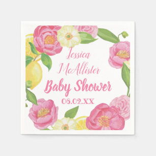 Wreath Girl Pink Roses Yellow Lemon Baby Shower Napkins