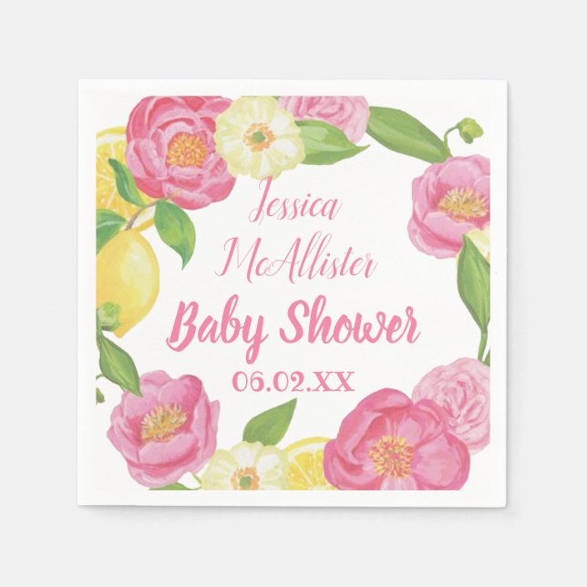 Wreath Girl  Pink Roses Yellow Lemon Baby Shower  Napkins (Front)