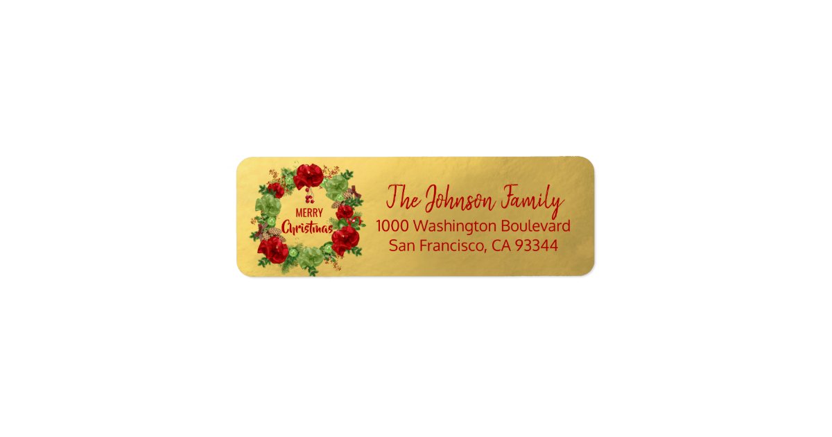 Wreath Gold Holiday Christmas Return Address Label | Zazzle