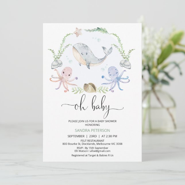 Wreath Gray Whale Oh Baby Under Sea Baby Shower Invitation (Standing Front)
