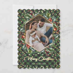 Wreath Green Buffalo Plaid Photo Christmas Cards