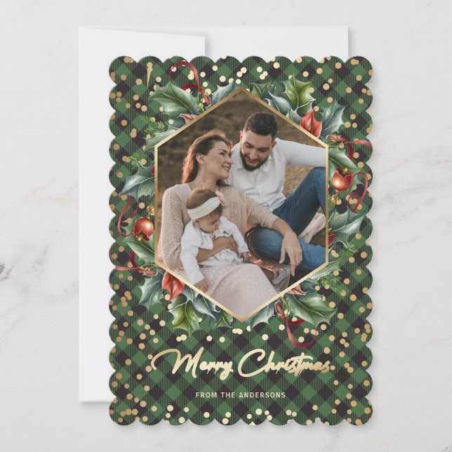 Wreath Green Buffalo Plaid Photo Christmas Cards (Front)