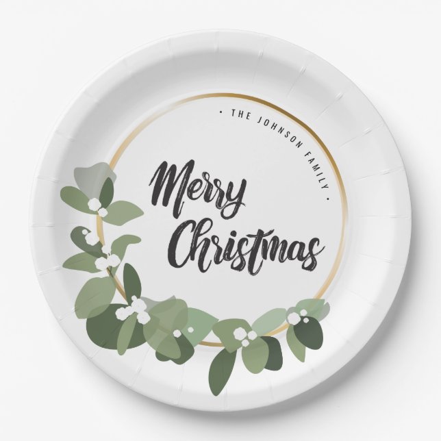 Wreath Green FAMILY Merry Christmas Holiday Paper Plates (Front)