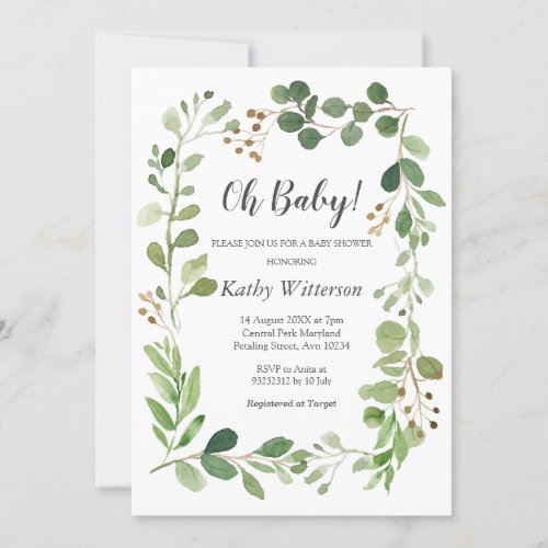 Wreath Greenery Baby Shower  Invitation