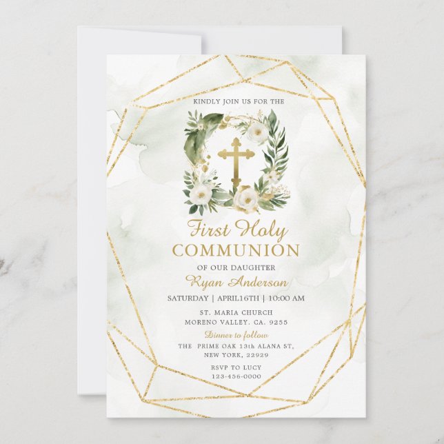 Wreath Greenery White Roses First Holy Communion  Invitation (Front)