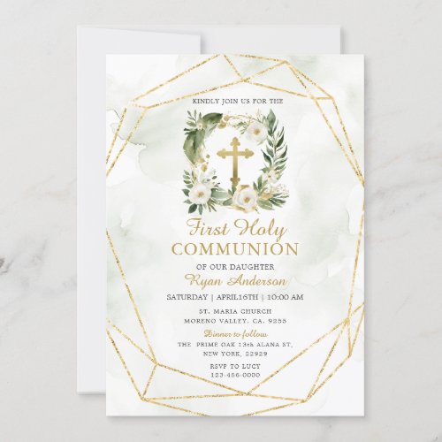 Wreath Greenery White Roses First Holy Communion  Invitation