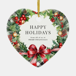 Wreath Holly Berries Black Plaid Business Ceramic Ornament