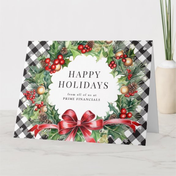 Wreath Holly Berries Black Plaid Business Holiday 