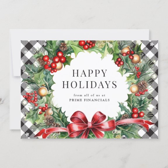 Wreath Holly Berries Black Plaid Business