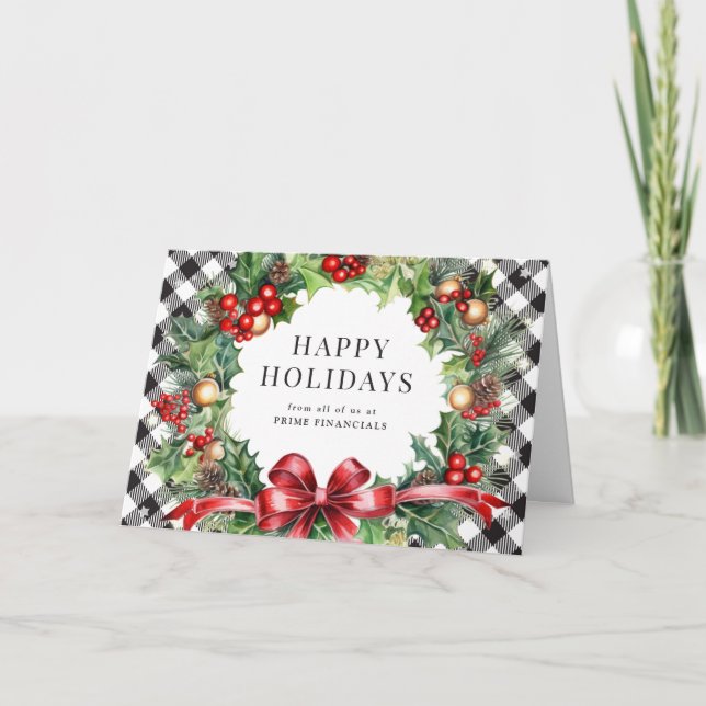 Wreath Holly Berries Black Plaid Business Holiday Card (Front)