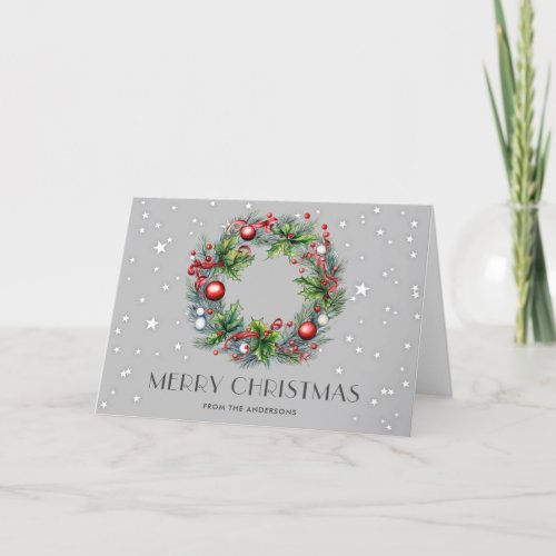 Wreath Holly Berries Ornaments Stars Christmas Holiday Card