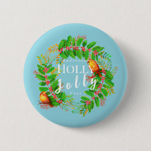 Wreath Holly Jolly Christmas Teal Button