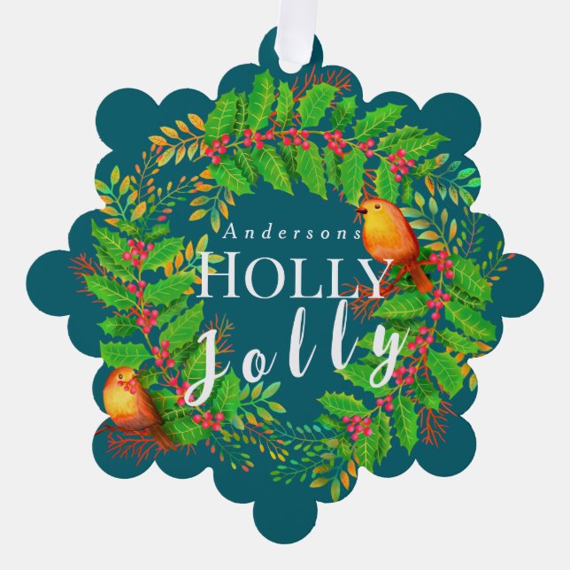 Wreath Holly Jolly  Family Dark Teal Ornament Card (Front)