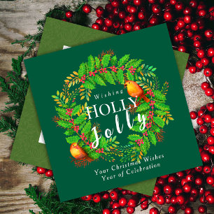 Wreath Holly Jolly Family Green Holiday Card