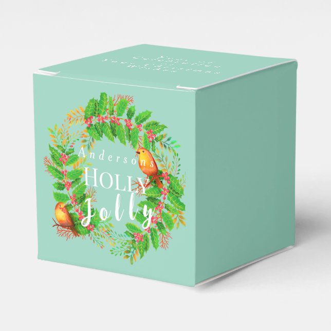 Wreath Holly Jolly  Family Light Teal Favor Boxes (Front Side)