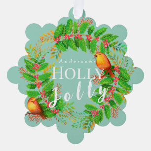 Wreath Holly Jolly Family Light Teal Ornament Card