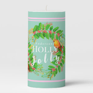 Wreath Holly Jolly Light Teal Pillar Candle