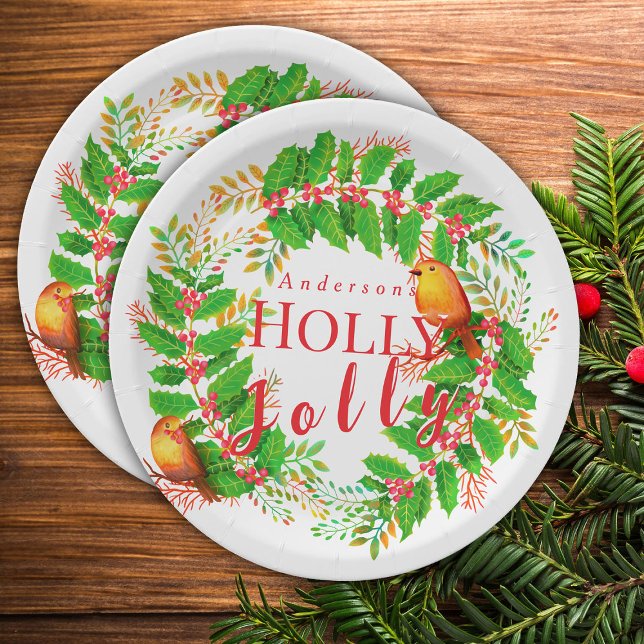 Wreath Holly Jolly White Paper Plates (Lovely Wreath Holly Jolly Design.)