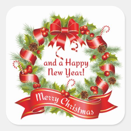 Wreath: Merry Christmas And A Happy New Year!, Square Sticker