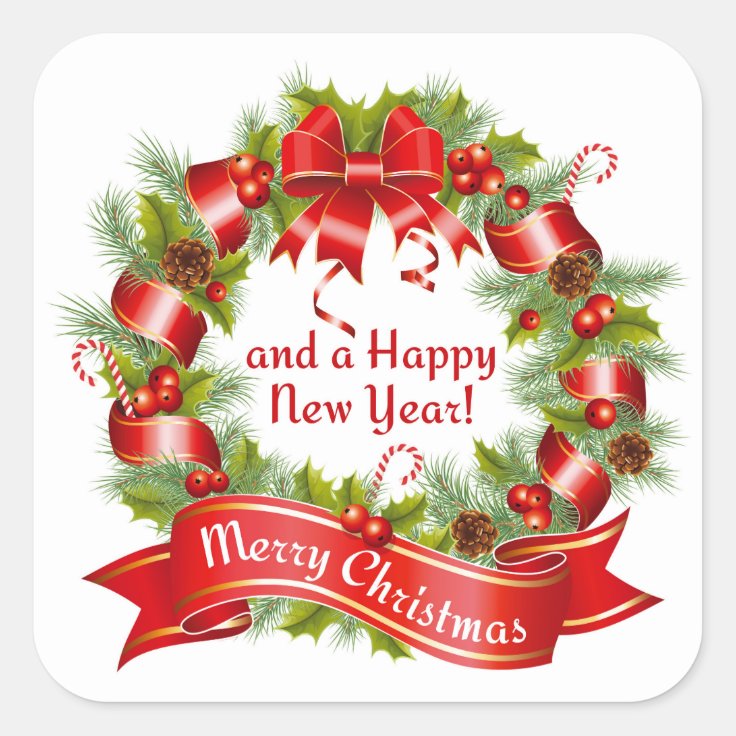 Wreath Merry Christmas And A Happy New Year Square Sticker Zazzle 3717