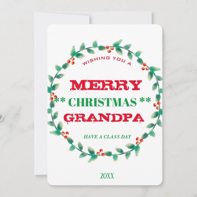 Wreath Merry Christmas Grandpa Personalised Holiday Card (Front)