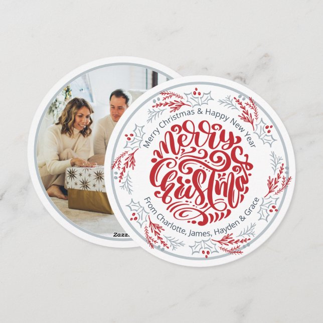 Wreath Merry Christmas Personalized Photo Holiday Card (Front/Back)