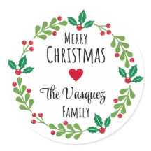 Wreath Merry Christmas Stickers Last Name Round