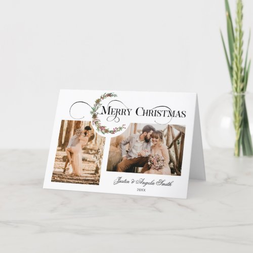 Wreath  Merry Christmas Typography Multi_Photo Holiday Card