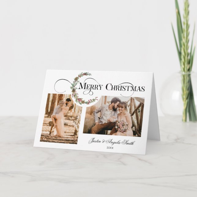 Wreath & Merry Christmas Typography Multi-Photo Holiday Card (Front)