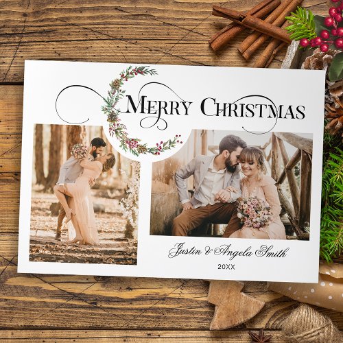 Wreath  Merry Christmas Typography Multi_Photo Tri_Fold Holiday Card