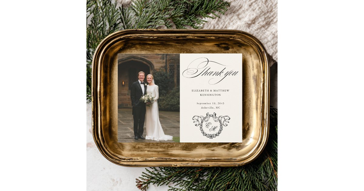 Wreath Monogram Elegant Calligraphy Wedding Thank You Card | Zazzle
