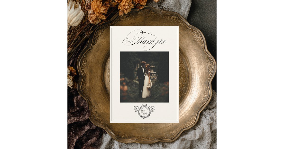Wreath Monogram Elegant Calligraphy Wedding Thank You Card | Zazzle