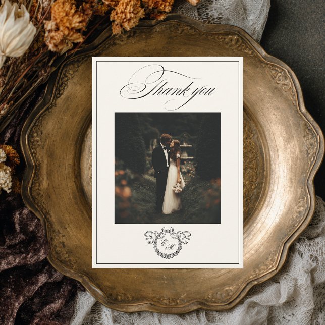 Wreath Monogram Elegant Calligraphy Wedding Thank You Card (Creator Uploaded)