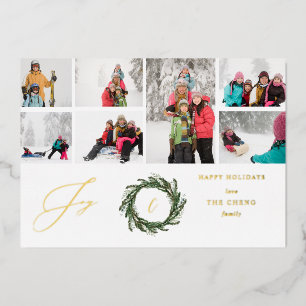 Wreath Monogram Joy Rustic 7 Photo Foil Invitation