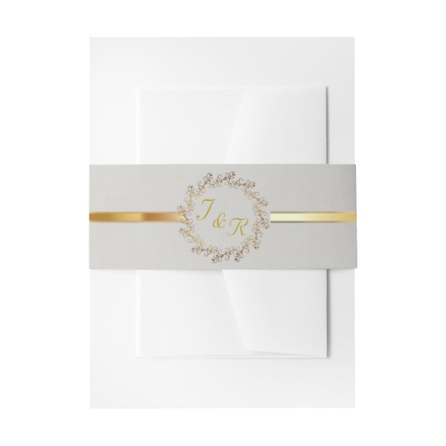 Wreath Monogram & Ribbon - Lt Grey Invitation Belly Band (Front Example)
