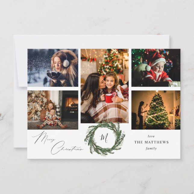 Wreath Monogram Rustic 5 Photo Merry Christmas W (Front)