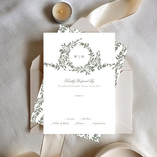 Wreath Monogram Sage Green Elegant Frame Wedding RSVP Card