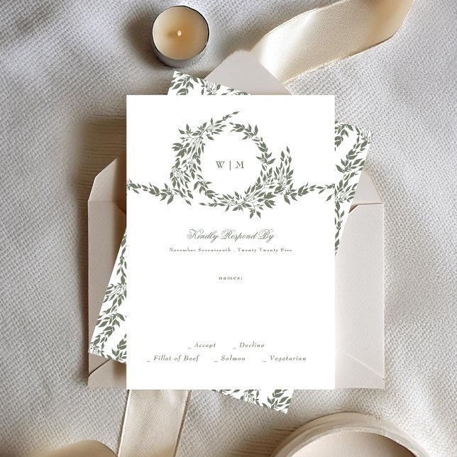 Wreath Monogram Sage Green Elegant Frame Wedding RSVP Card (Creator Uploaded)