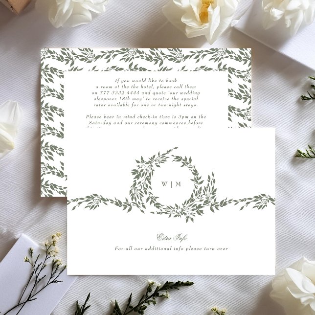 Wreath Monogram Sage Green Elegant Wedding Details Enclosure Card (Creator Uploaded)
