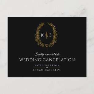 Wreath monogram wedding cancelation black gold announcement postcard