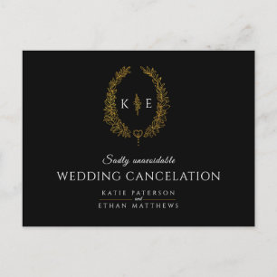 Wreath monogram wedding cancelation black gold announcement postcard